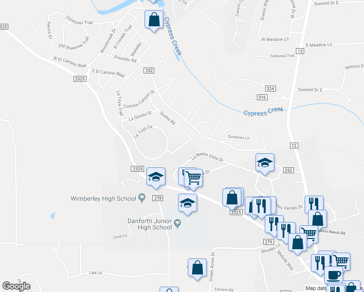 map of restaurants, bars, coffee shops, grocery stores, and more near Palo Pinto Path in Wimberley