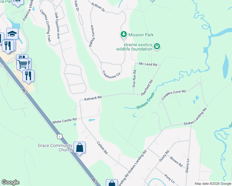 map of restaurants, bars, coffee shops, grocery stores, and more near 410 Katnack Road in St. Augustine