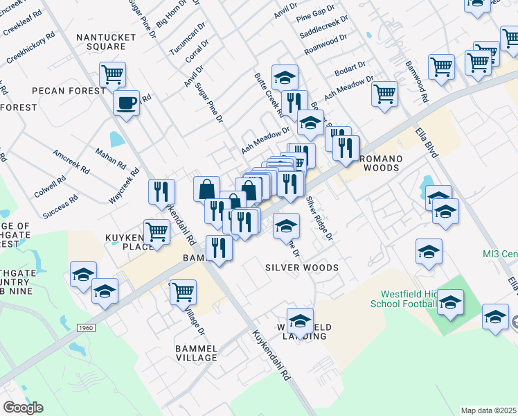 map of restaurants, bars, coffee shops, grocery stores, and more near 2025 Farm to Market 1960 Road West in Houston