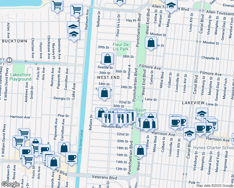 map of restaurants, bars, coffee shops, grocery stores, and more near 6414 Fleur De Lis Drive in New Orleans
