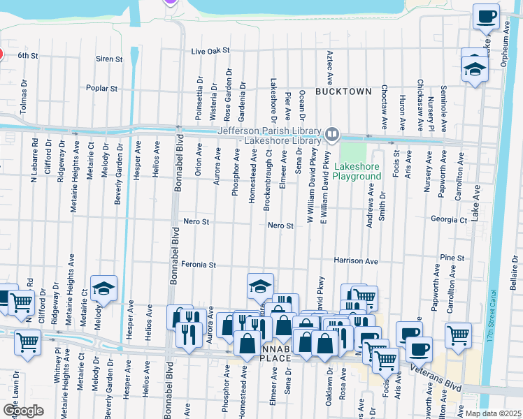 map of restaurants, bars, coffee shops, grocery stores, and more near 1005 Brockenbraugh Court in Metairie