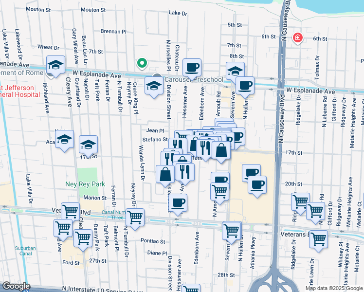 map of restaurants, bars, coffee shops, grocery stores, and more near 207 18th Street in Metairie