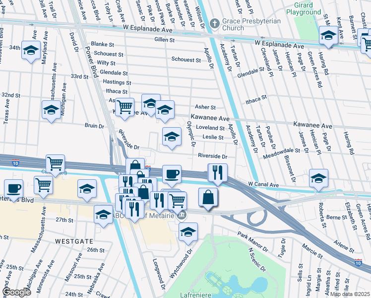 map of restaurants, bars, coffee shops, grocery stores, and more near 6615 Riverside Drive in Metairie
