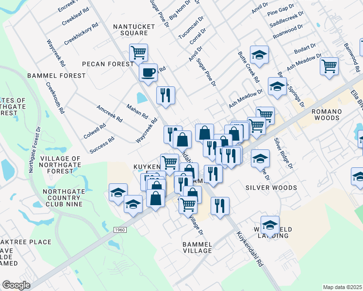 map of restaurants, bars, coffee shops, grocery stores, and more near 15945 Kuykendahl Road in Houston