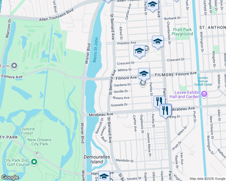 map of restaurants, bars, coffee shops, grocery stores, and more near 1201 Riviera Avenue in New Orleans