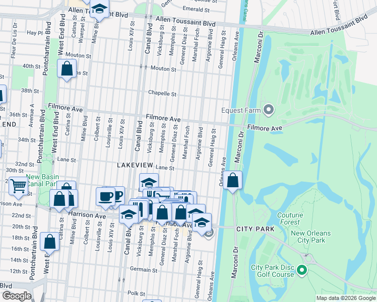 map of restaurants, bars, coffee shops, grocery stores, and more near 6528 Marshal Foch in New Orleans