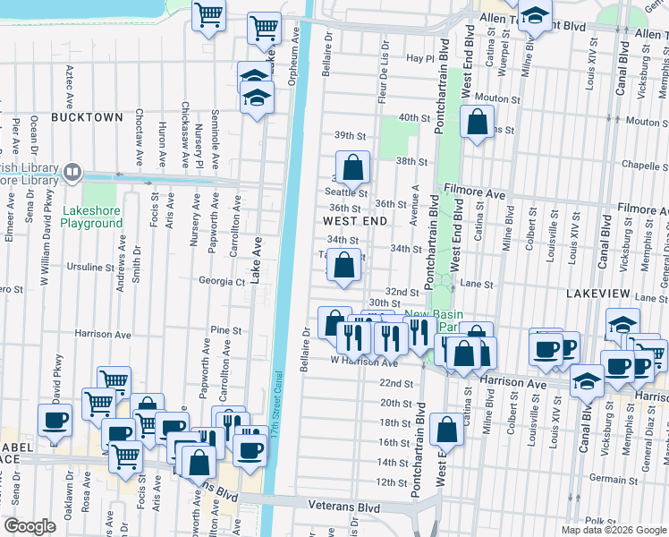 map of restaurants, bars, coffee shops, grocery stores, and more near 6400 Center Street in New Orleans