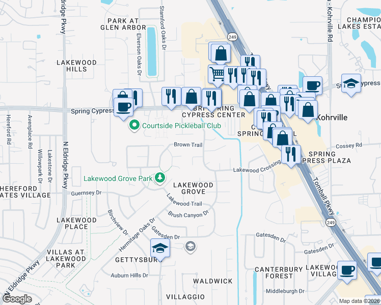 map of restaurants, bars, coffee shops, grocery stores, and more near 11507 Hidden Grove Court in Tomball