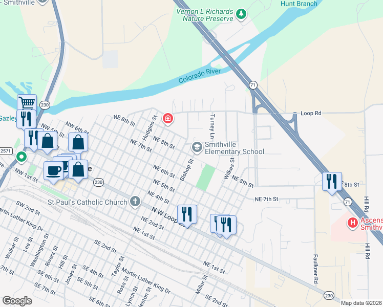 map of restaurants, bars, coffee shops, grocery stores, and more near 800 Bishop Street in Smithville