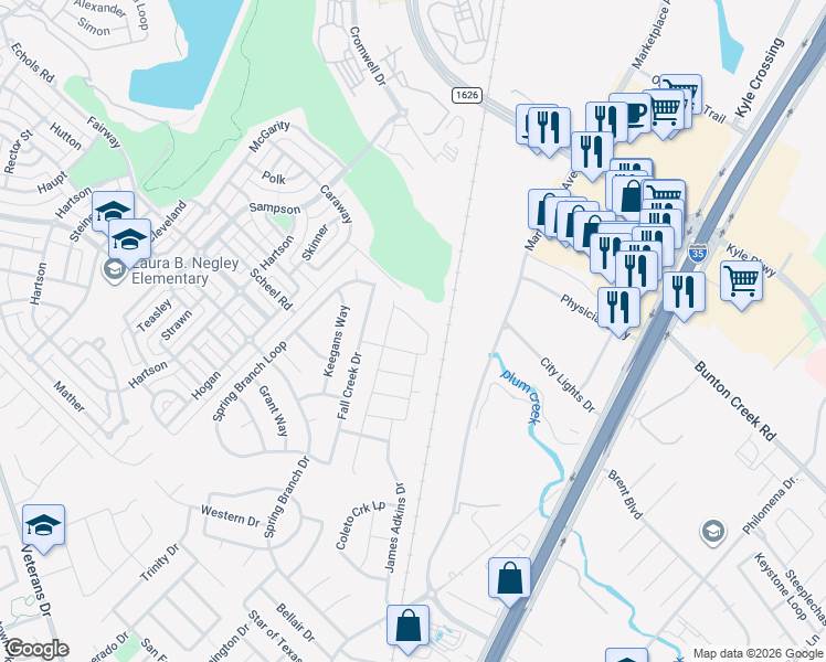 map of restaurants, bars, coffee shops, grocery stores, and more near 1080 Apricot Lane in Kyle