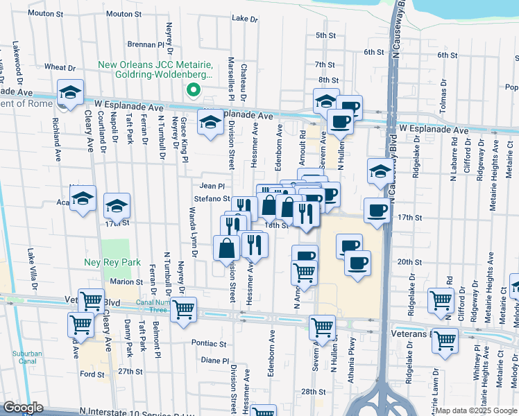 map of restaurants, bars, coffee shops, grocery stores, and more near 3911 Hessmer Avenue in Metairie