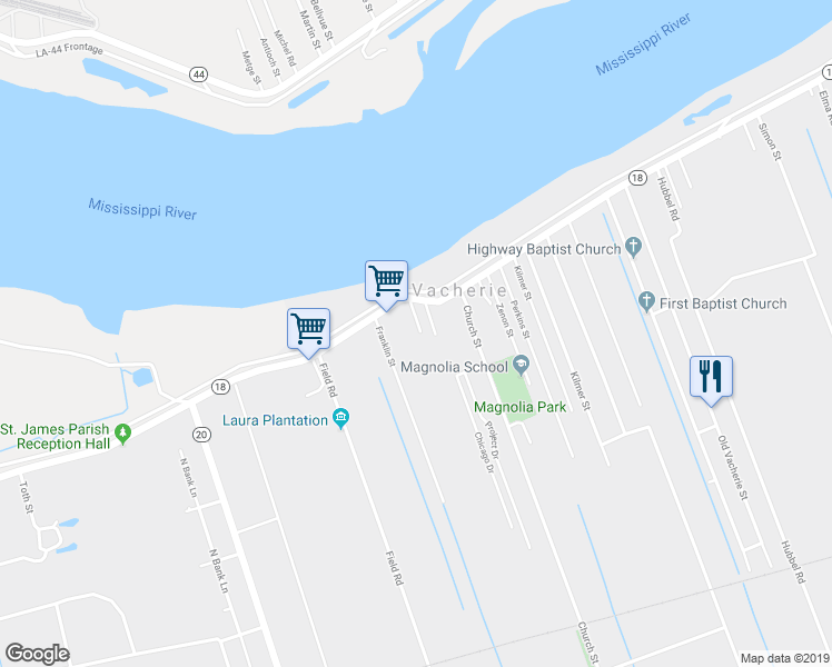map of restaurants, bars, coffee shops, grocery stores, and more near 2131 Louisiana 18 in Vacherie