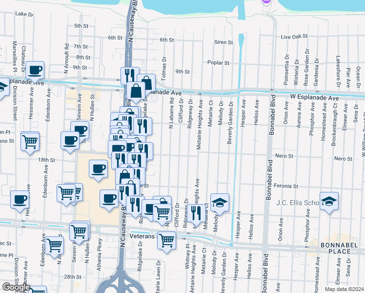 map of restaurants, bars, coffee shops, grocery stores, and more near 3301 Clifford Drive in Metairie