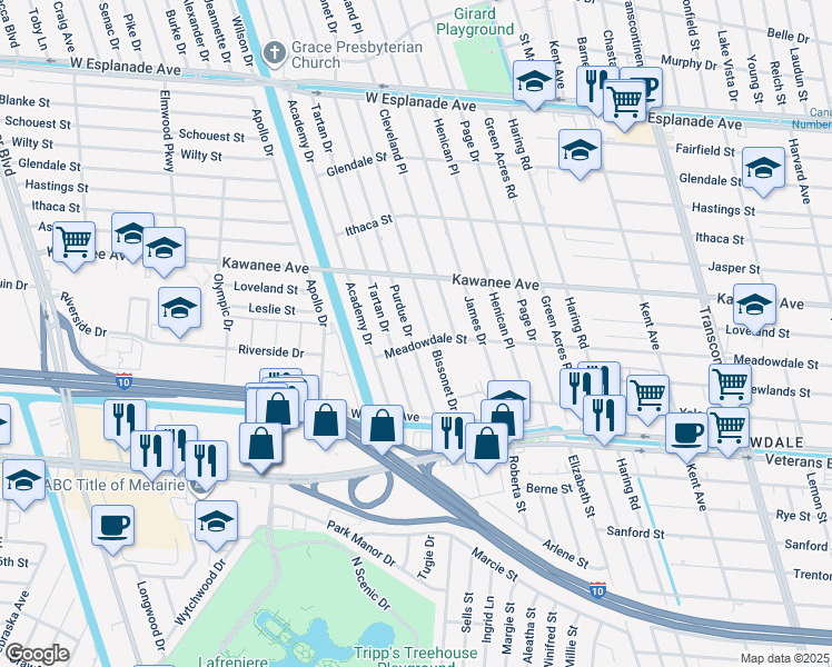 map of restaurants, bars, coffee shops, grocery stores, and more near 3509 Tartan Drive in Metairie