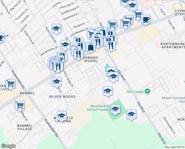 map of restaurants, bars, coffee shops, grocery stores, and more near 1699 Romano Park Lane in Houston