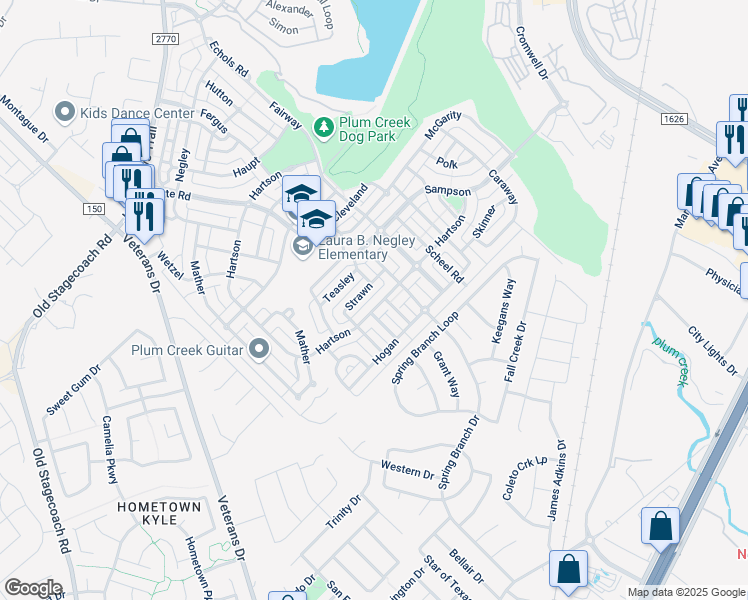 map of restaurants, bars, coffee shops, grocery stores, and more near 5301 Hartson in Kyle