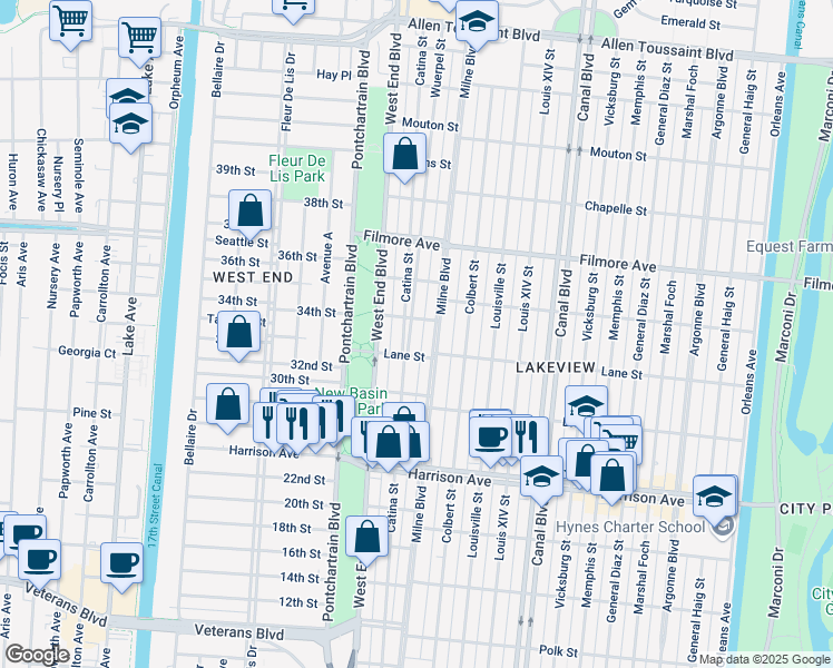 map of restaurants, bars, coffee shops, grocery stores, and more near 225 Lane Street in New Orleans