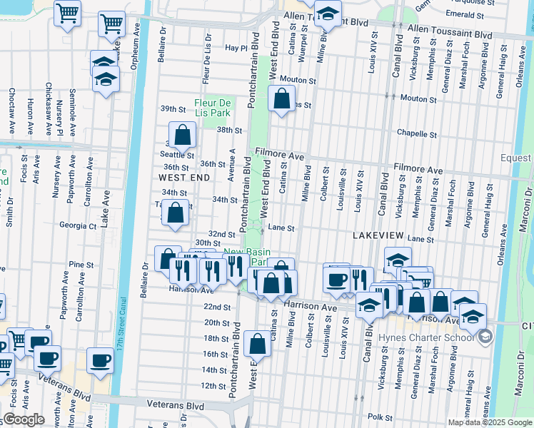 map of restaurants, bars, coffee shops, grocery stores, and more near 6449 West End Boulevard in New Orleans