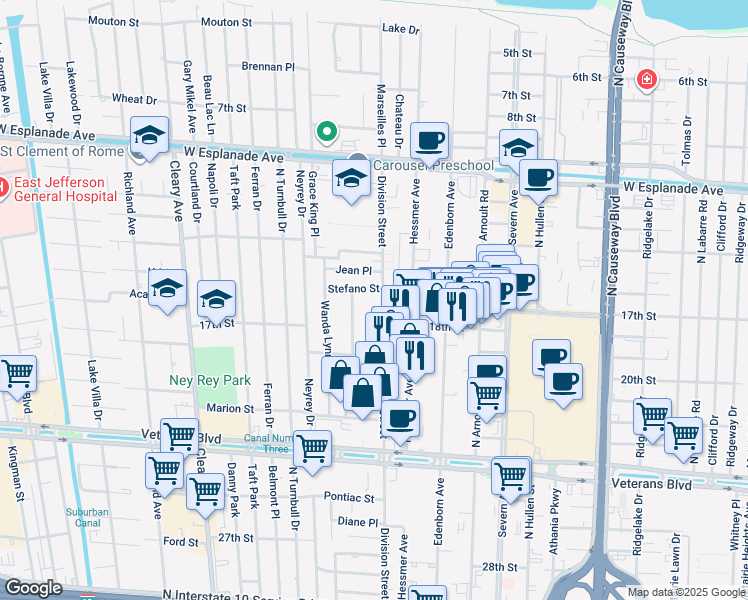 map of restaurants, bars, coffee shops, grocery stores, and more near 3800 Division Street in Metairie