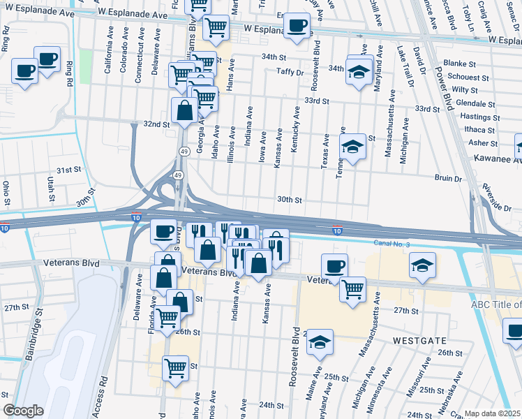 map of restaurants, bars, coffee shops, grocery stores, and more near 12 I- 10 Srv Road in Kenner