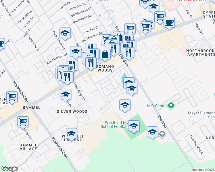 map of restaurants, bars, coffee shops, grocery stores, and more near 1699 Romano Park Lane in Houston