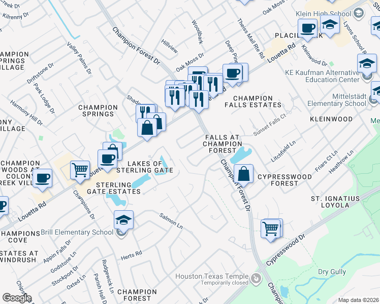 map of restaurants, bars, coffee shops, grocery stores, and more near 8334 Burwood Park Drive in Spring