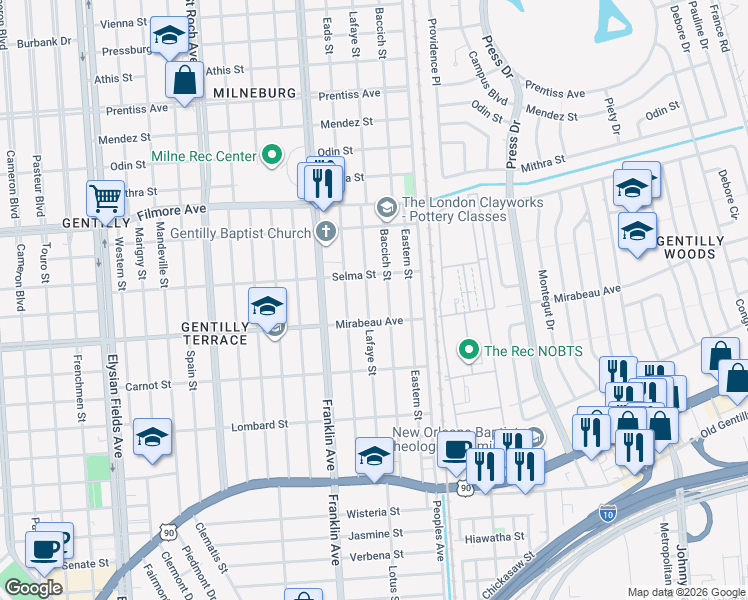 map of restaurants, bars, coffee shops, grocery stores, and more near 4902 Baccich Street in New Orleans
