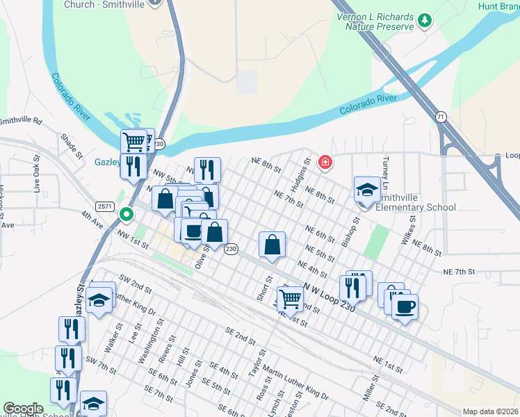 map of restaurants, bars, coffee shops, grocery stores, and more near 500 Burleson Street in Smithville