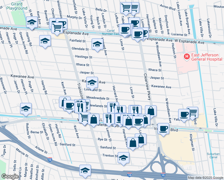 map of restaurants, bars, coffee shops, grocery stores, and more near 4841 Meadowdale Street in Metairie
