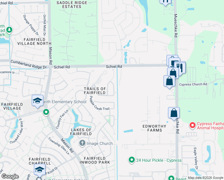 map of restaurants, bars, coffee shops, grocery stores, and more near 20211 Timberline Trail in Cypress