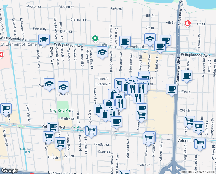 map of restaurants, bars, coffee shops, grocery stores, and more near 3800 Division Street in Metairie