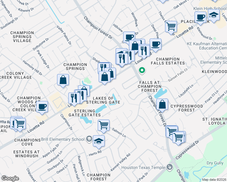 map of restaurants, bars, coffee shops, grocery stores, and more near 91 Lake Sterling Gate Drive in Spring