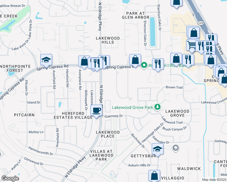 map of restaurants, bars, coffee shops, grocery stores, and more near 16825 West Maglitto Circle in Tomball