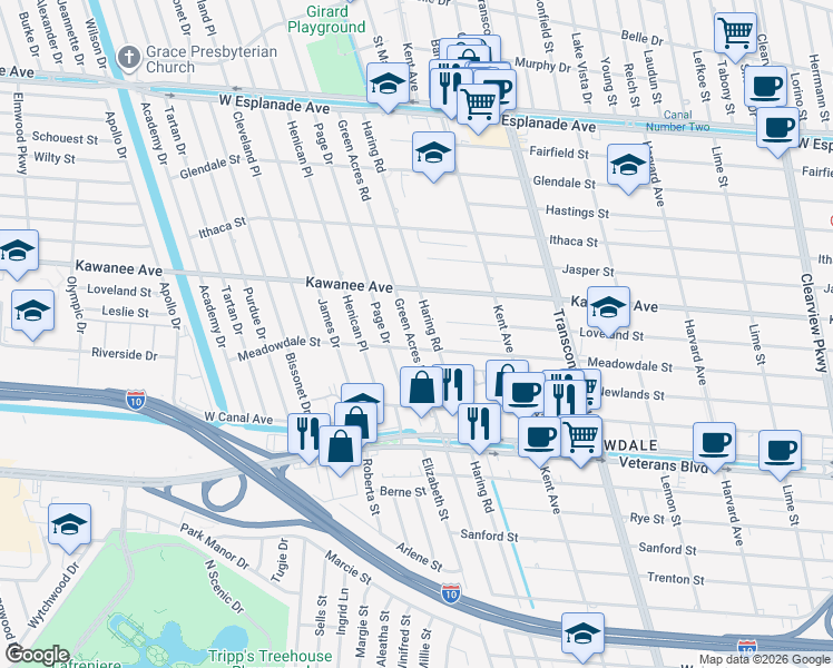 map of restaurants, bars, coffee shops, grocery stores, and more near 3705 Green Acres Road in Metairie