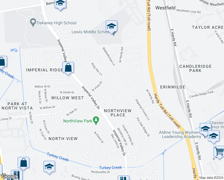 map of restaurants, bars, coffee shops, grocery stores, and more near 1234 Blackberry Hollow Drive in Houston