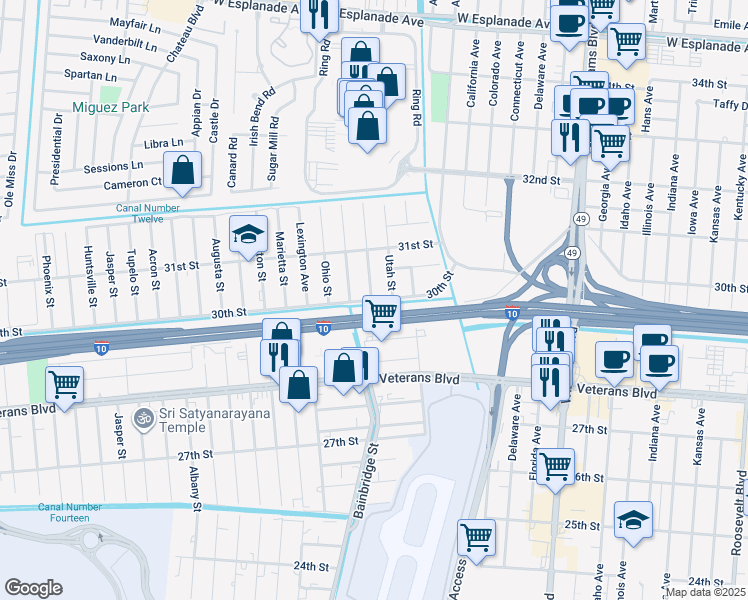 map of restaurants, bars, coffee shops, grocery stores, and more near 3029 Washington Street in Kenner