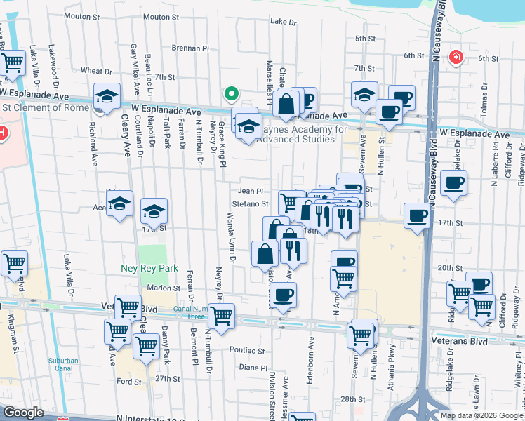 map of restaurants, bars, coffee shops, grocery stores, and more near 3900 Division Street in Metairie