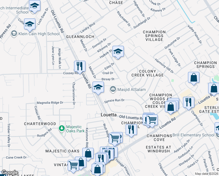 map of restaurants, bars, coffee shops, grocery stores, and more near 9627 Birsay Street in Spring