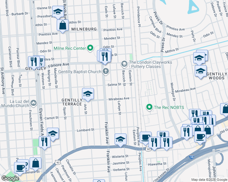 map of restaurants, bars, coffee shops, grocery stores, and more near 4939 Demontluzin Street in New Orleans