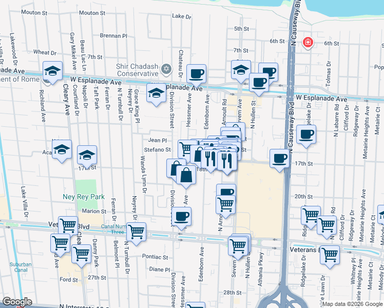 map of restaurants, bars, coffee shops, grocery stores, and more near in Metairie