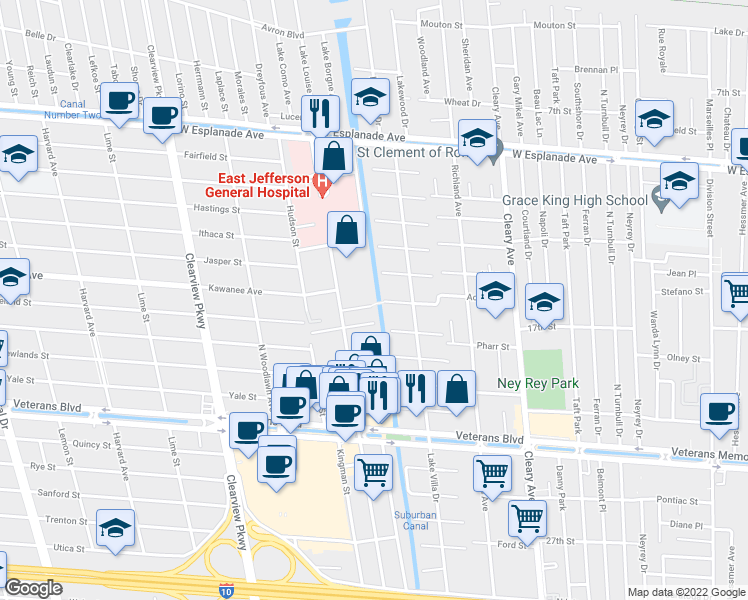 map of restaurants, bars, coffee shops, grocery stores, and more near 4116 Jasper Street in Metairie