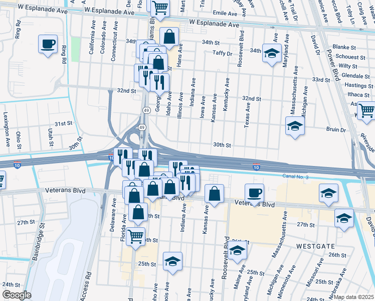 map of restaurants, bars, coffee shops, grocery stores, and more near 3000 Illinois Avenue in Kenner