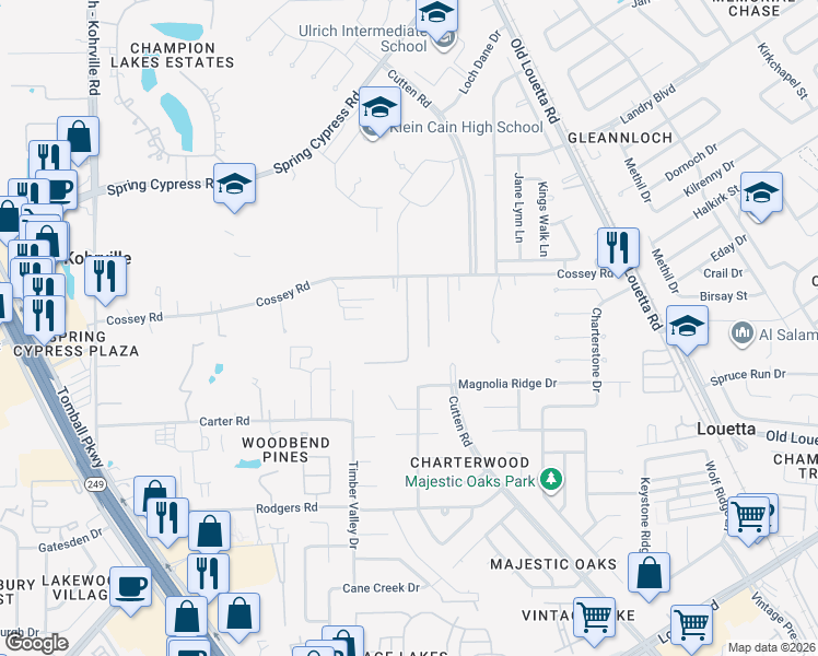 map of restaurants, bars, coffee shops, grocery stores, and more near 9931 Cossey Road in Houston