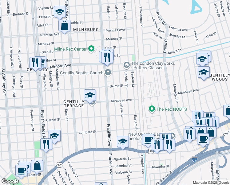 map of restaurants, bars, coffee shops, grocery stores, and more near 4941 Demontluzin Street in New Orleans