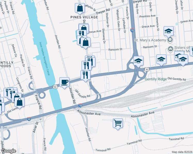 map of restaurants, bars, coffee shops, grocery stores, and more near 5950 Chef Menteur Hwy in New Orleans