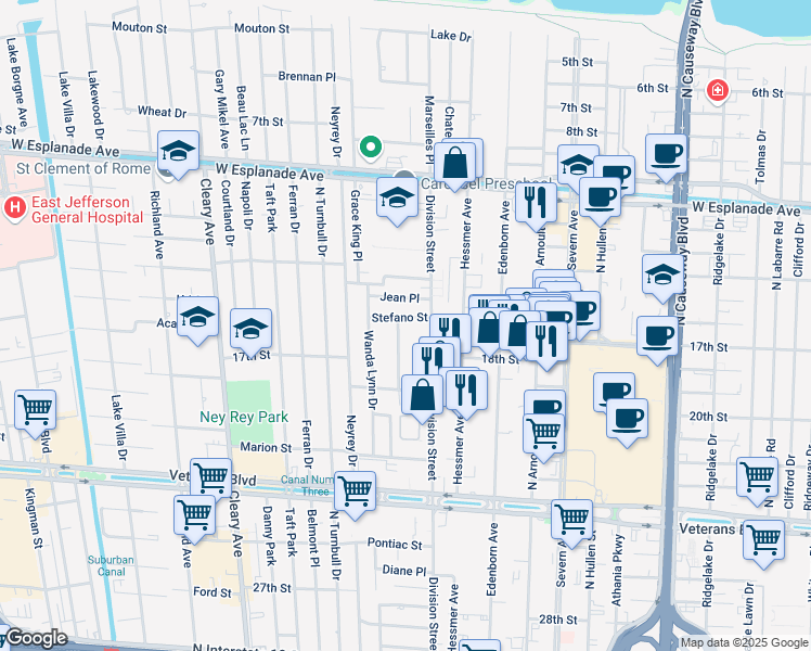 map of restaurants, bars, coffee shops, grocery stores, and more near 3718 Jean Place in Metairie