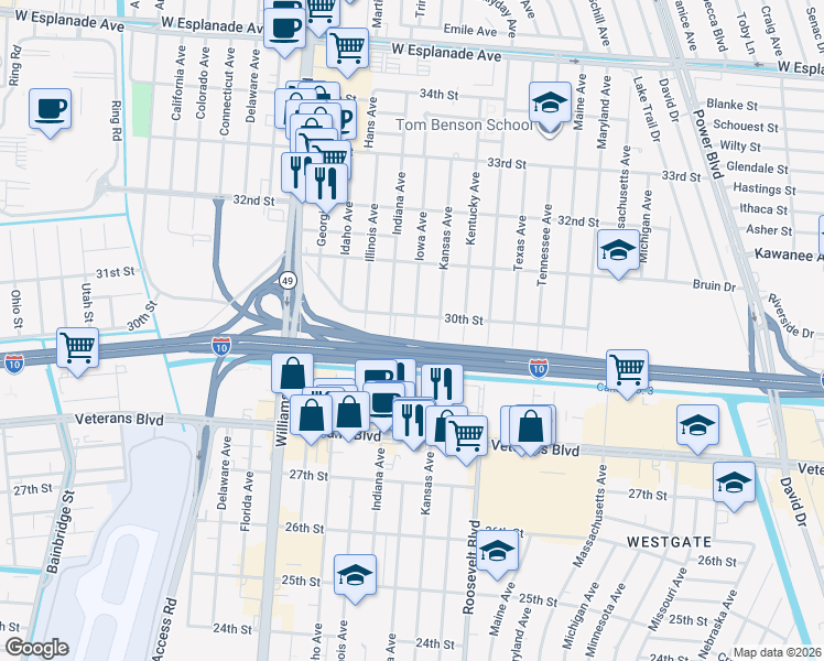 map of restaurants, bars, coffee shops, grocery stores, and more near 3001 Iowa Avenue in Kenner