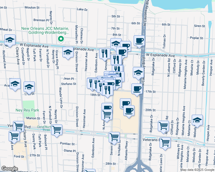 map of restaurants, bars, coffee shops, grocery stores, and more near 3340 North Arnoult Road in Metairie