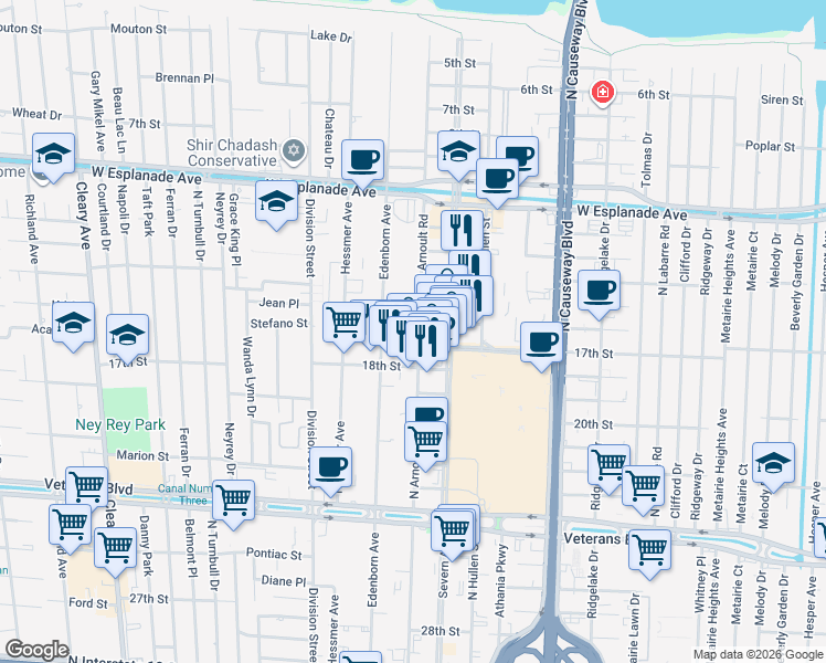 map of restaurants, bars, coffee shops, grocery stores, and more near 3340 North Arnoult Road in Metairie
