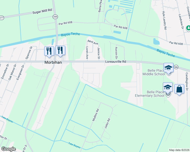 map of restaurants, bars, coffee shops, grocery stores, and more near 3312 Chuggie Lane in New Iberia